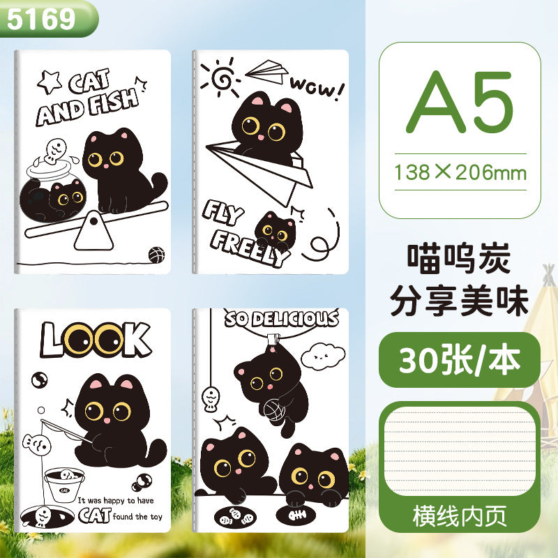 爆款高颜值学生车线本卡通横线可爱a5本子办公黑猫笔记本Best-Selling, Stylish Student Notebook: Cartoon-Themed Ruled A5 Notebook with Cute Design—Black Cat Office Notebook