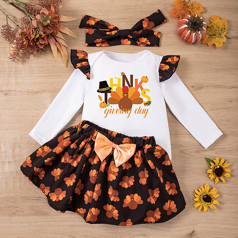 感恩节宝宝派对礼服飞袖哈衣色丁火鸡半身裙套装Thanksgiving Baby Party Dress: Ruffle-Sleeve Rompers with Satin Turkey Skirt Set