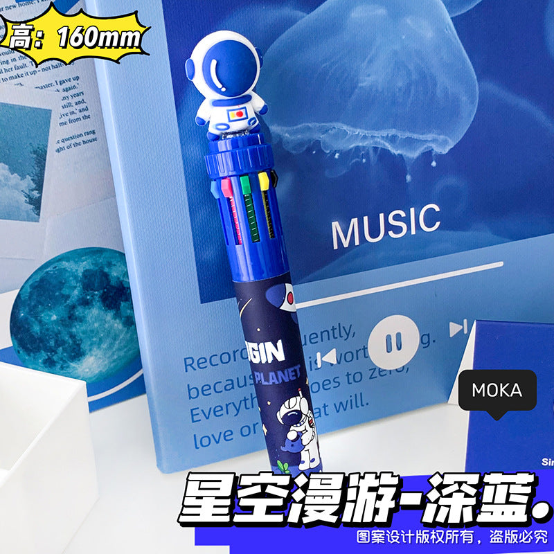 MOKA宇航员十色圆珠笔 学生手账10色笔创意太空人按动彩色多色笔MOKA Astronaut 10-Color Ballpoint Pen: Creative Astronaut-Themed Push-Button Multicolor Pen for Students and Journaling
