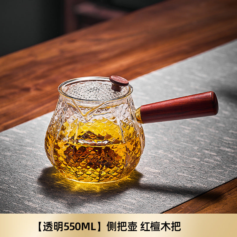 捷安玺实木侧把泡茶壶茶水分离茶壶高硼硅煮泡两用玻璃锤纹壶Solid Wood Side-Handle Tea Pot with Separate Tea and Water Compartments; High-Borosilicate Glass Tea Pot for Both Steeping and Boiling with Hammered Texture