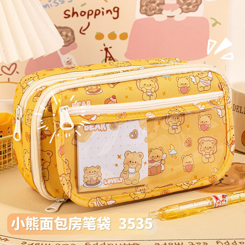 魔卡小熊面包房笔袋大容量多层可爱学生文具袋新款女生笔袋小学生Magic Card Bear Bakery Pencil Case—Large Capacity, Multi-Compartment, Cute Student Stationery Bag for Girls, Elementary School Students