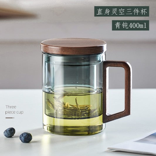 办公男士茶水分离泡茶杯 日式便携带盖带把带茶隔玻璃杯Men's Office Tea Cup with Tea-Water Separation Portable Glass Cup with Lid, Handle, and Tea Strainer
