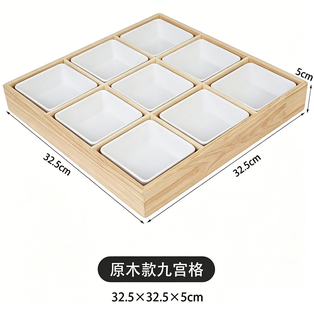 围炉煮茶分格托盘零食点心果盘水果盘中式四宫格木质九宫格干果盘Wooden four-compartment tray for boiling tea by the fire; snack tray; pastry tray; fruit platter; Chinese-style four-compartment wooden tray; nine-compartment wooden tray for dried fruit