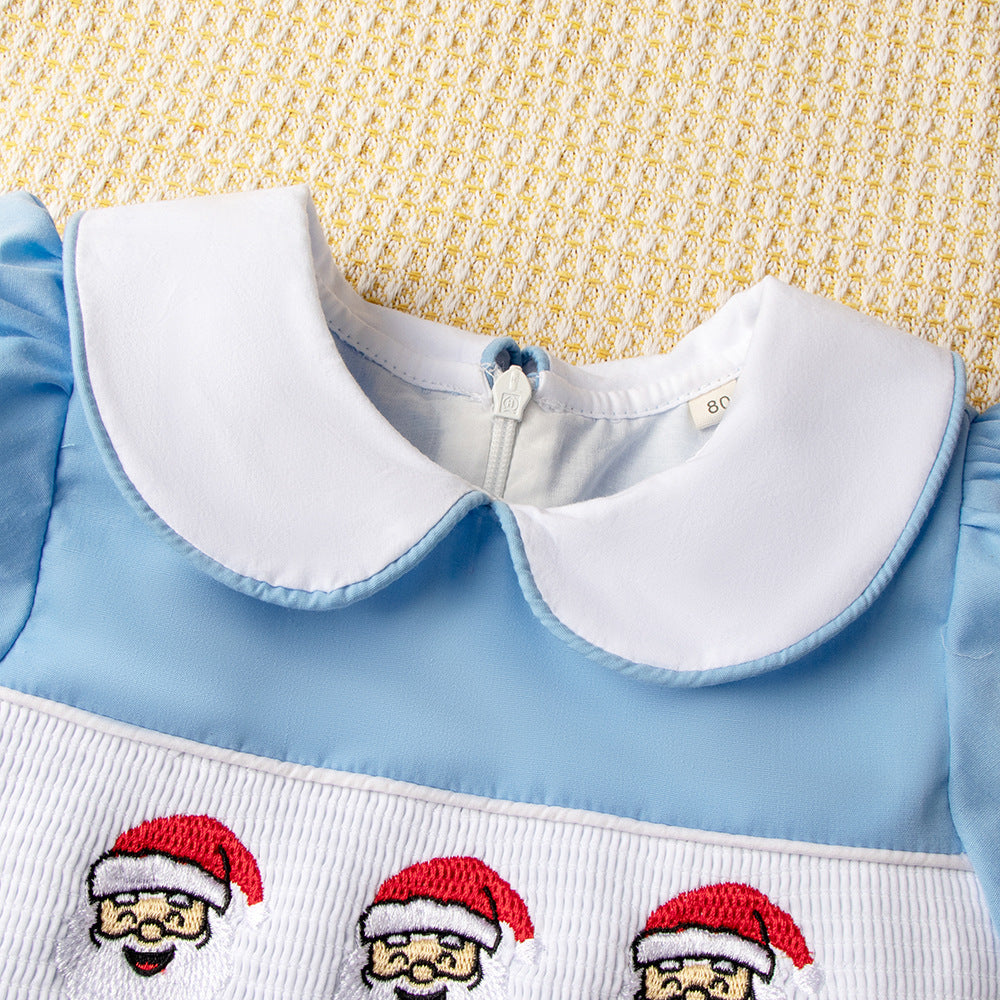 Christmas女童连衣裙短袖娃娃领可爱圣诞老人刺绣打揽公主裙‌Christmas Girls' Dress: Short-Sleeve Peter Pan Collar with Cute Santa Claus Embroidery and Flared Princess Skirt‌