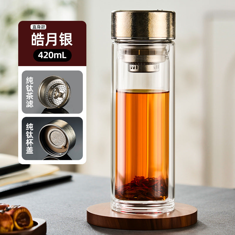 双层耐高温玻璃杯商务办公泡茶杯纯钛杯盖茶漏把手杯高档茶水杯Double-Walled High-Temperature-Resistant Glass Cup, Business Office Tea Cup, Pure Titanium Lid, Tea Strainer, Handle, High-End Tea Cup