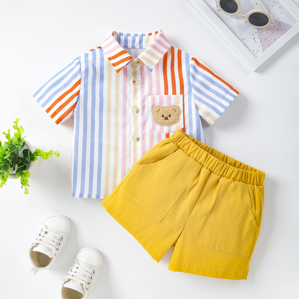 男婴童夏季套装宝宝卡通贴布小熊条纹短袖衬衫休闲短裤2件套Summer Outfit Set for Baby Boys: 2-Piece Set with Cartoon Bear Patch, Striped Short-Sleeve Shirt, and Casual Shorts