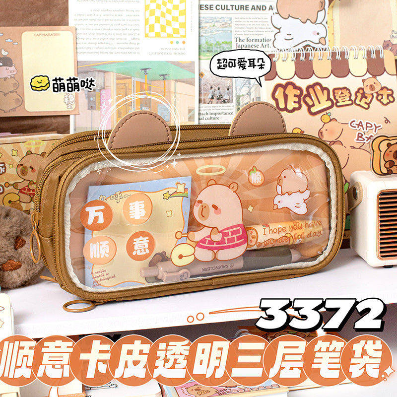 卡皮巴拉笔袋女孩小学生2026新款多层大容量儿童文具铅笔盒批发 Capybara Pencil Case for Girls: Elementary School Students—Multi-Compartment, Large-Capacity Children's Stationery Pencil Case