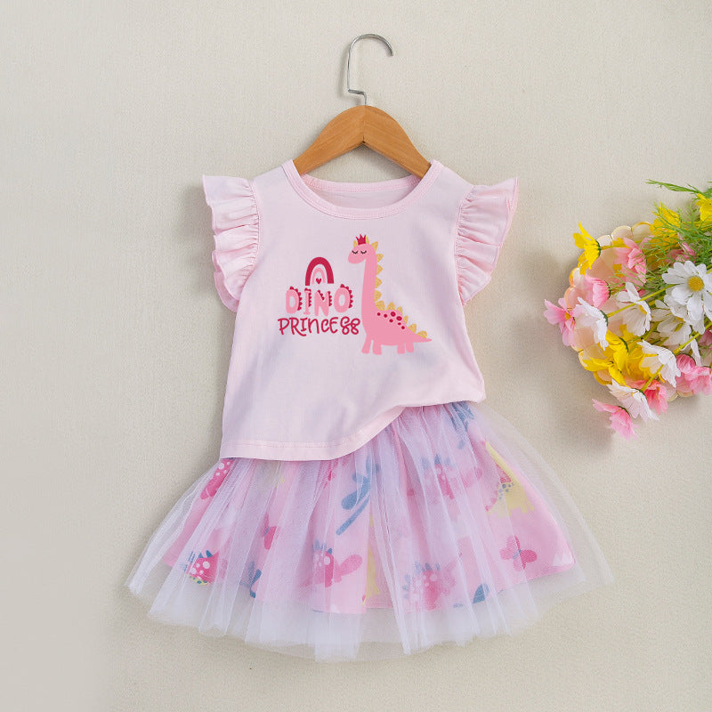 女童套装印花恐龙飞袖T恤半身公主裙2件套儿童节日礼服Girls' 2-Piece Set: Printed Dinosaur T-Shirt with Flare Sleeves and Princess Skirt—Trendy Children's Holiday Outfit