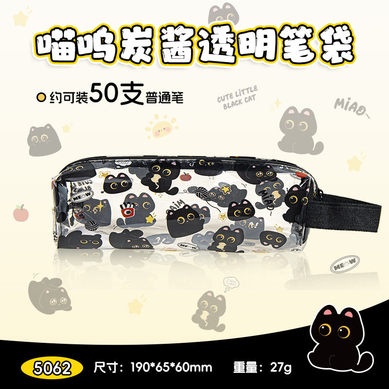 萌趣黑猫小怪物透明笔袋久用不发黄可视文具袋学生用品笔袋Cute Black Cat Monster Clear Pencil Case—Resists Yellowing Over Time, Transparent Stationery Pouch, Student Supplies, Pencil Case