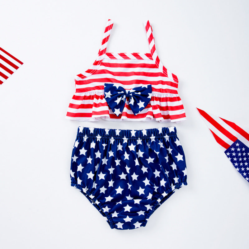 美国独立日宝宝服饰套装印花字母无袖T恤条纹短裤2件套Independence Day Baby Outfit Set: Printed Letter Sleeveless T-Shirt and Striped Shorts, 2-Piece Set