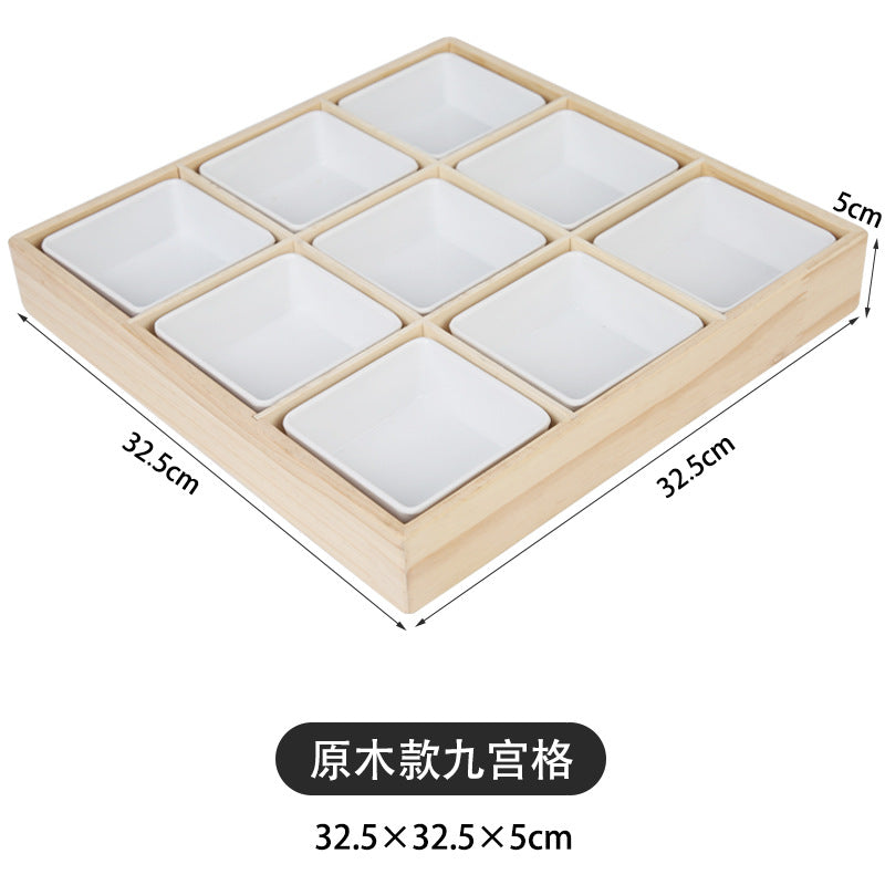Solid Wood Nine-Square Platter, Divided Serving Tray, for Hot Pot Restaurants, Tableware, Snacks, Melamine Fruit Bowls and Vegetable Plates, for Home