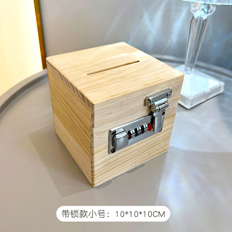 存钱罐储蓄罐密码锁箱木质加厚家用可存可取或存不取儿童跨境松木Piggy bank, savings box, combination lock, wooden, reinforced, for home use, with options to deposit and withdraw or deposit only, for children, cross-border, pine wood