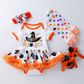 万圣节婴幼儿服饰女宝宝卡通绣花女巫帽短袖公主裙袜套装Halloween Baby and Toddler Outfit: Girls' Cartoon Embroidered Witch Hat, Short-Sleeve Princess Dress, and Socks Set