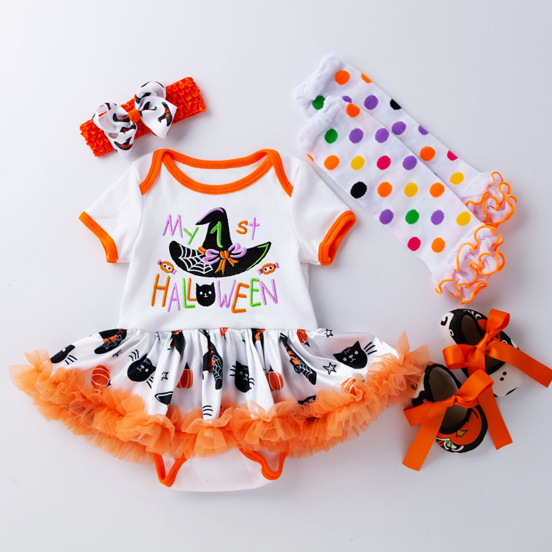 万圣节婴幼儿服饰女宝宝卡通绣花女巫帽短袖公主裙袜套装Halloween Baby and Toddler Outfit: Girls' Cartoon Embroidered Witch Hat, Short-Sleeve Princess Dress, and Socks Set