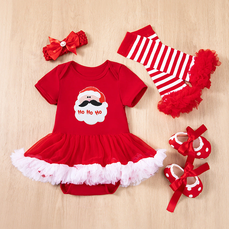 圣诞节宝宝哈衣裙4件套卡通圣诞树老人节日套装Christmas Baby Romper Dress 4-Piece Set: Cartoon Christmas Tree and Santa Claus Holiday Outfit