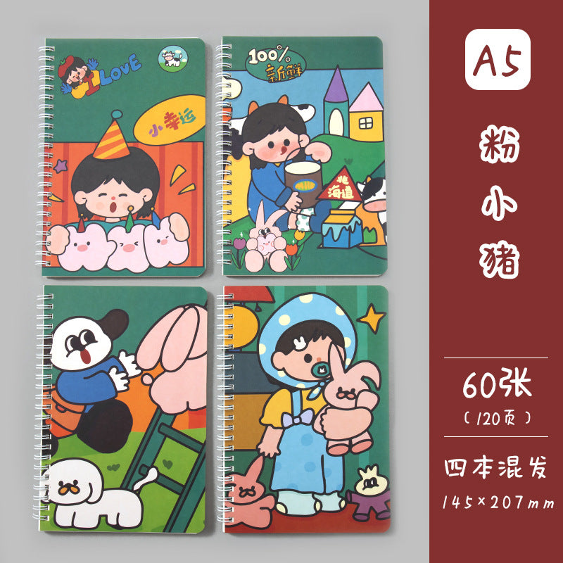 卡通线圈本学生日记本记事本 A5创意侧翻线圈笔记本方格手帐Cartoon Spiral-Bound Student Diary & Notebook: A5 Creative Side-Flip Spiral Notebook with Grid Pages