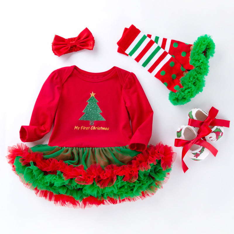 圣诞节女宝宝节日装婴儿春秋长袖红绿包屁裙公主哈衣裙四件套Christmas Outfit for Baby Girls: Spring/Fall Long-Sleeve Red and Green Rompers and Princess-Style Dresses—4-Piece Set
