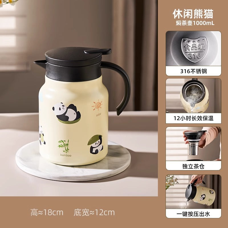 可爱卡通熊猫家用大容量保温泡茶壶 一键按压出水茶水分离焖茶壶Cute Cartoon Panda Large-Capacity Insulated Teapot for Home Use—One-Button Press to Pour, Tea-Water Separation, Steeping Teapot