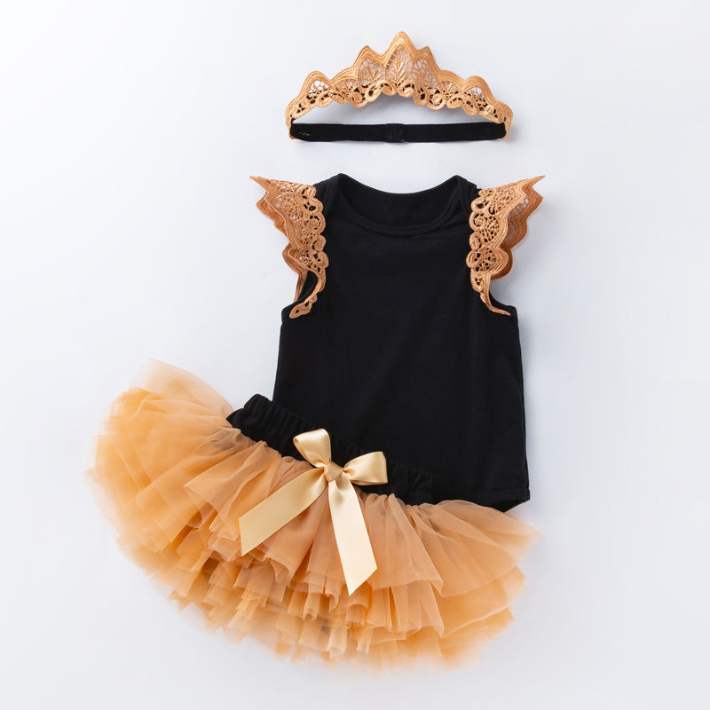 女宝宝02岁婴幼儿无袖翅膀哈衣网纱底裤裙公主裙套装 Girls' 2-Year-Old Sleeveless Winged Romper with Tulle Panties and Princess Dress Set
