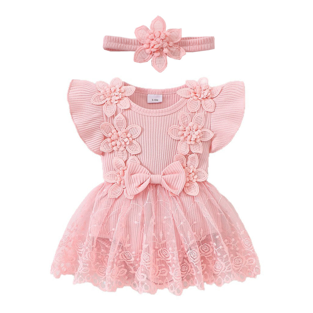 婴幼女童花朵哈衣新生儿蕾丝网纱哈裙连体衣Floral Rompers for Infants and Toddler Girls; Lace Tulle Skirt Rompers for Newborns