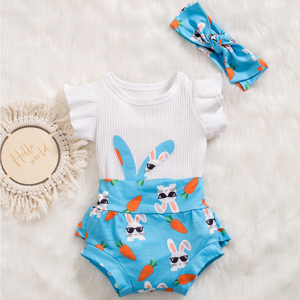 复活节女宝宝飞袖哈衣+短裤+头花多件套 Easter Baby Girl Set: Ruffled Romper + Shorts + Hair Clip