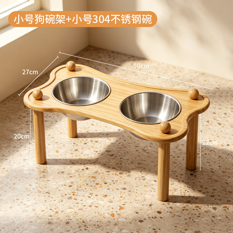 竹木狗碗架不锈钢可拆卸狗碗护颈防打翻宠物粮食盆饮水架慢食碗架Bamboo and Wooden Dog Bowl Stand – Stainless Steel, Detachable, with Neck Guard to Prevent Spilling – Pet Food and Water Bowl Stand, Slow-Feeding Bowl Stand