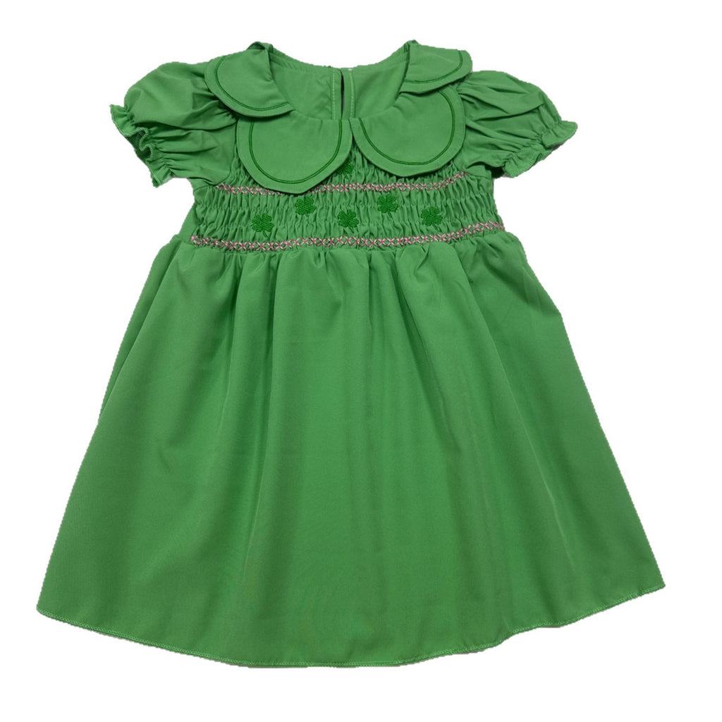 女童打揽连衣裙夏季短袖花边领四叶草绣花女宝宝公主裙 Girls' Ruffled Summer Dress with Short Sleeves, Lace Collar, and Four-Leaf Clover Embroidery—Princess Dress for Baby Girls