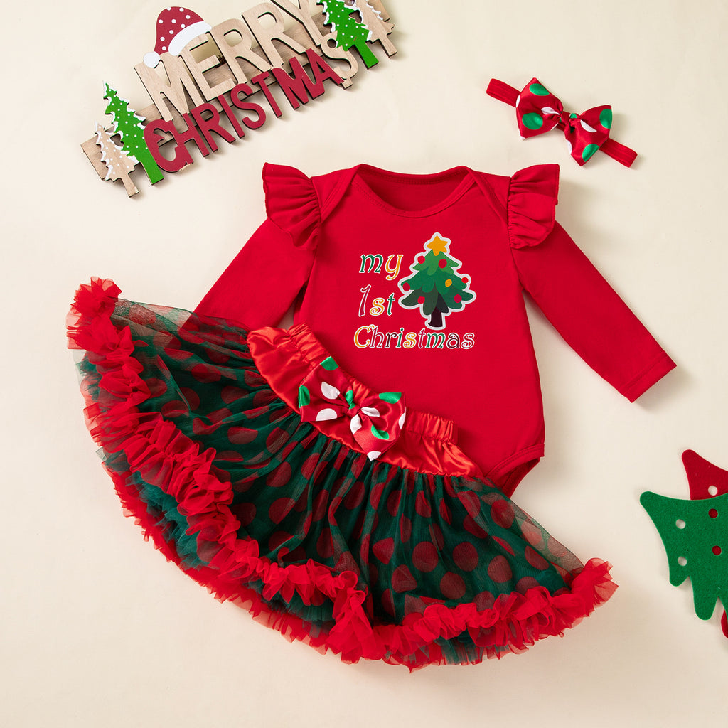 女宝宝圣诞节裙套装长袖哈衣半身裙发饰3件套婴童派对服Baby Girl Christmas Dress Set: Long-Sleeve Onesie, Skirt, and Hair Accessory—3-Piece Baby & Toddler Party Outfit