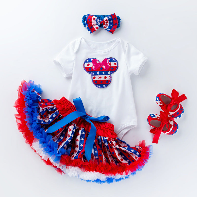独立婴儿套装白色卡通小童短袖哈衣星星蓬蓬裙 White Cartoon-Printed Short-Sleeve Onesie and Star-Printed Puffy Skirt Set for Babies