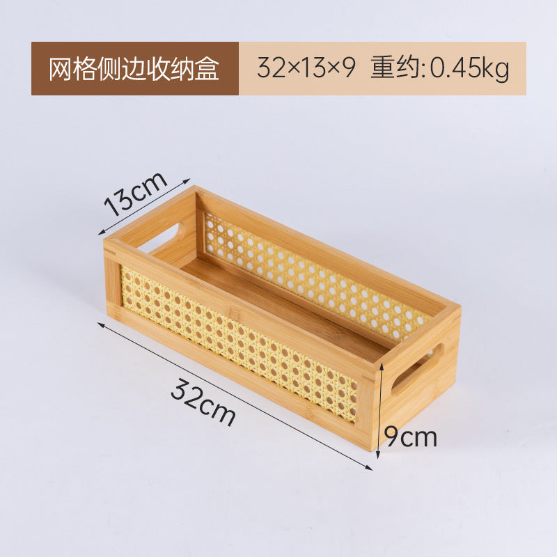 多用途桌面整理藤编框木质收纳盒化妆品收纳篮杂物零食编织收纳筐Multipurpose desktop organiser: wicker frame, wooden storage box, make-up storage basket, miscellaneous items and snacks, woven storage basket