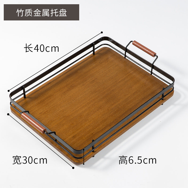 定制金属提手竹木托盘家用长方形简约面包水果托盘酒店茶盘烧烤盘Customised metal-handled bamboo and wooden trays: rectangular, minimalist trays for home use (bread and fruit), hotel tea trays and barbecue trays