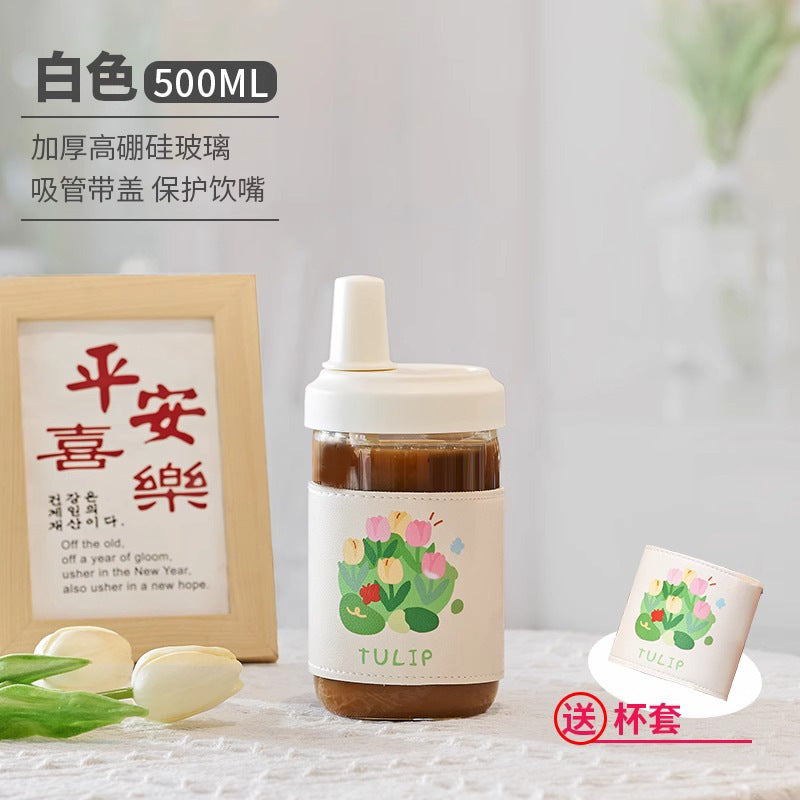 女高颜值杯子家用仙女杯便携牛奶果汁吸管杯大容量网红水杯玻璃杯Women's Mugs, Household Mugs, Portable Milk and Juice Straws Mugs, Large-Capacity Trending Water Mugs, Glass Mugs