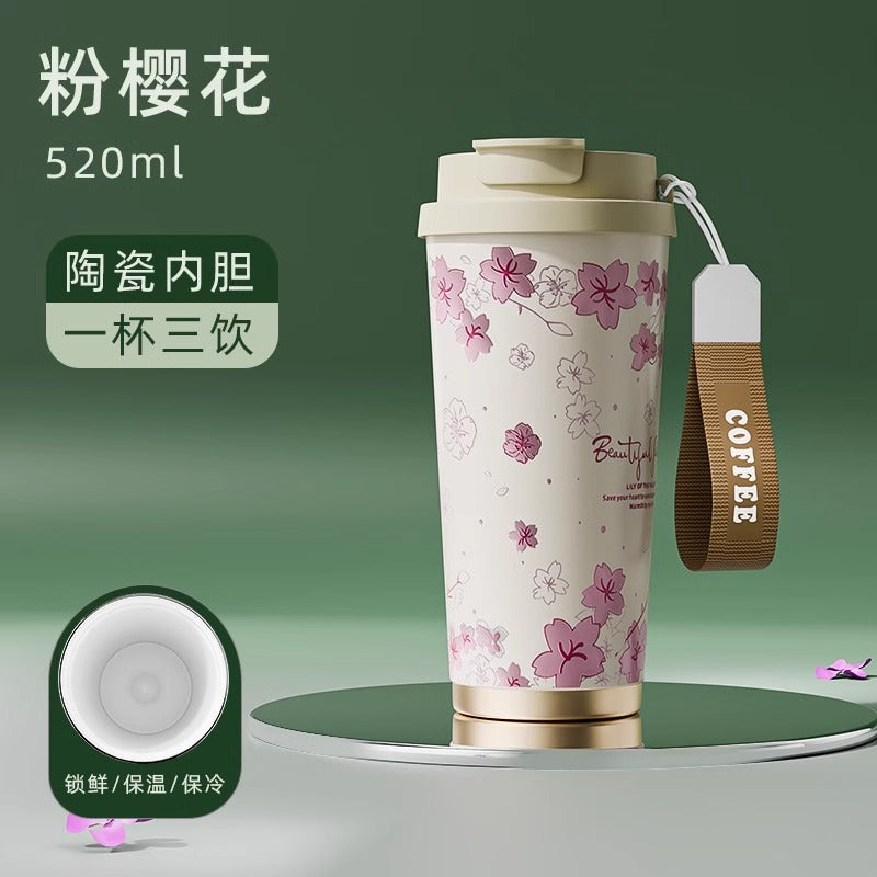 保温杯女生高颜值小清新喷陶内胆咖啡杯子 便携随行吸管水杯Stylish, Fresh-Looking Insulated Coffee Mug for Women with a Glazed Ceramic Liner—Portable Travel Mug with Straw