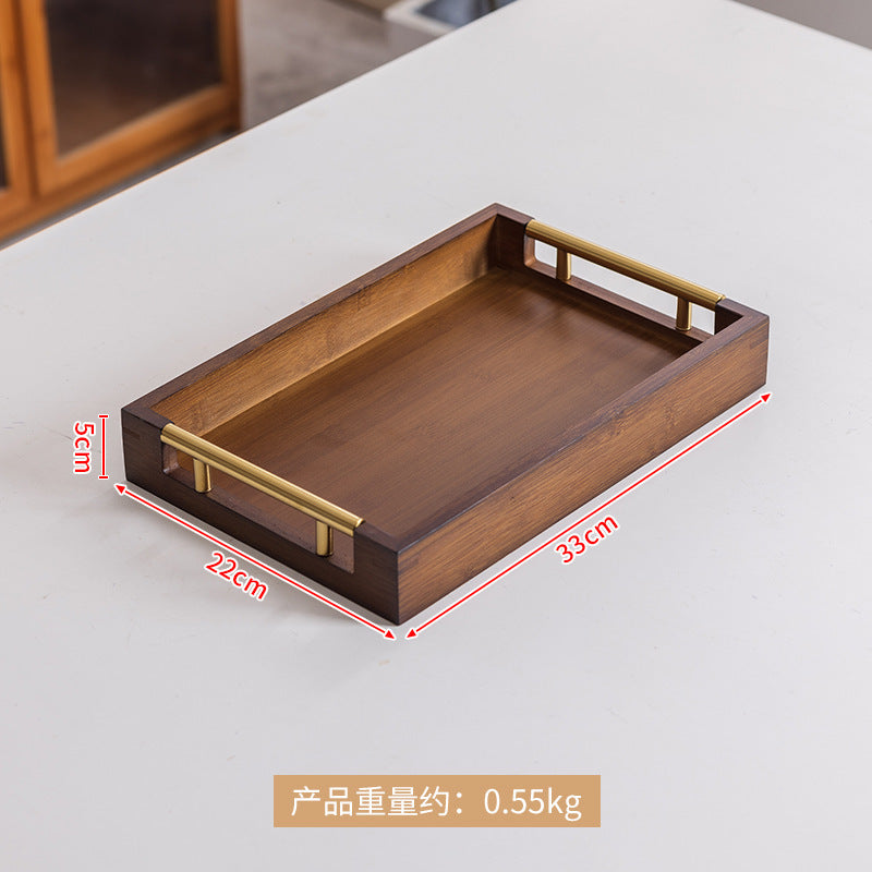 轻奢复古波浪金属提手茶盘家用竹制托盘茶杯酒店中式面包糕点盘Affordable luxury vintage-style wavy metal-handled tea tray; bamboo serving tray for home use; teacup; hotel-style Chinese-style bread and pastry tray