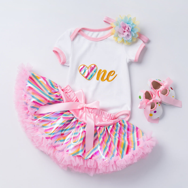 欧美宝宝生日套装婴儿周岁节日装夏季短袖绣花爬服公主裙套装Baby Birthday Outfit Set: 1st Birthday Outfit, Summer Short-Sleeve Embroidered Romper and Princess Dress Set