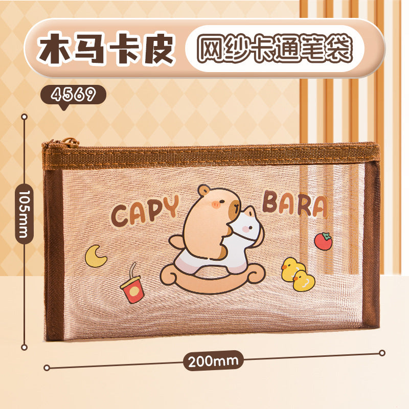 可爱卡皮巴拉文具盒学生补课用大容量考试便携透明柔软网纱笔袋Cute Capybara Pencil Case: Large-Capacity, Portable, Transparent, Soft Mesh Pencil Pouch for Students' Tutoring and Exams