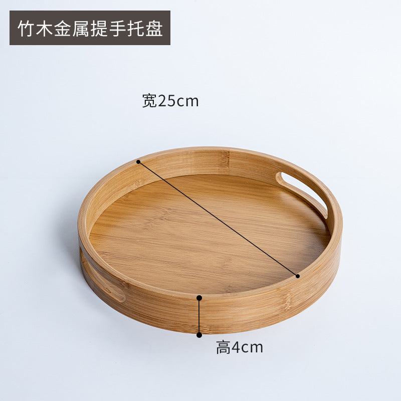 圆形竹木制托盘简约花纹家用面包水果托盘酒店欧式收纳茶盘零食盘Round bamboo and wood tray with a simple pattern – ideal for home use as a bread or fruit tray, or for hotels as a European-style storage tray, tea tray or snack tray