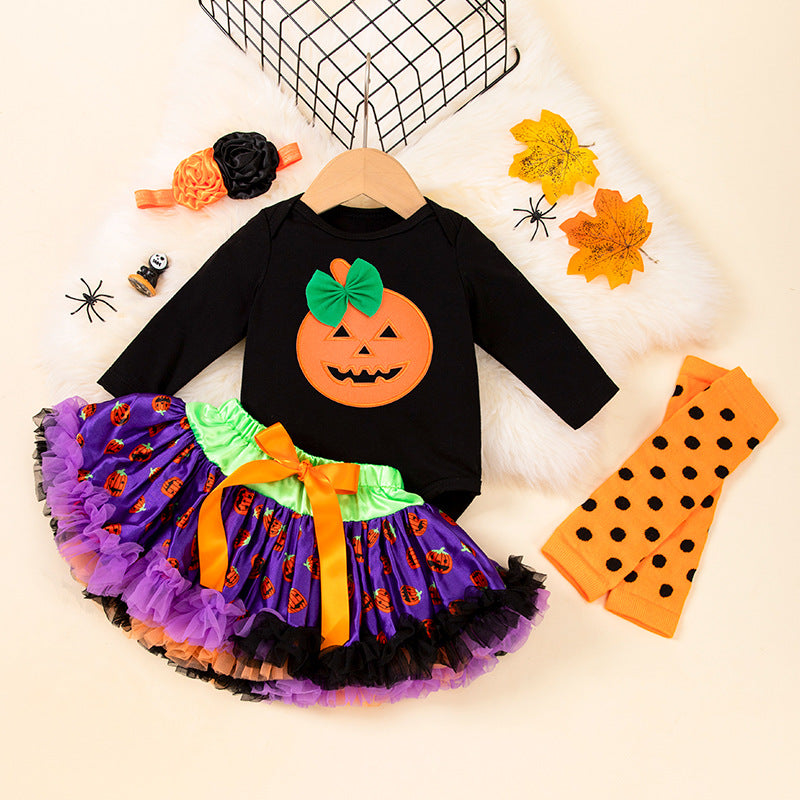 万圣节婴儿服饰女宝宝卡通南瓜长袖哈衣公主裙套装Halloween Baby Outfit for Girls: Cartoon Pumpkin Long-Sleeve Onesie and Princess Dress Set