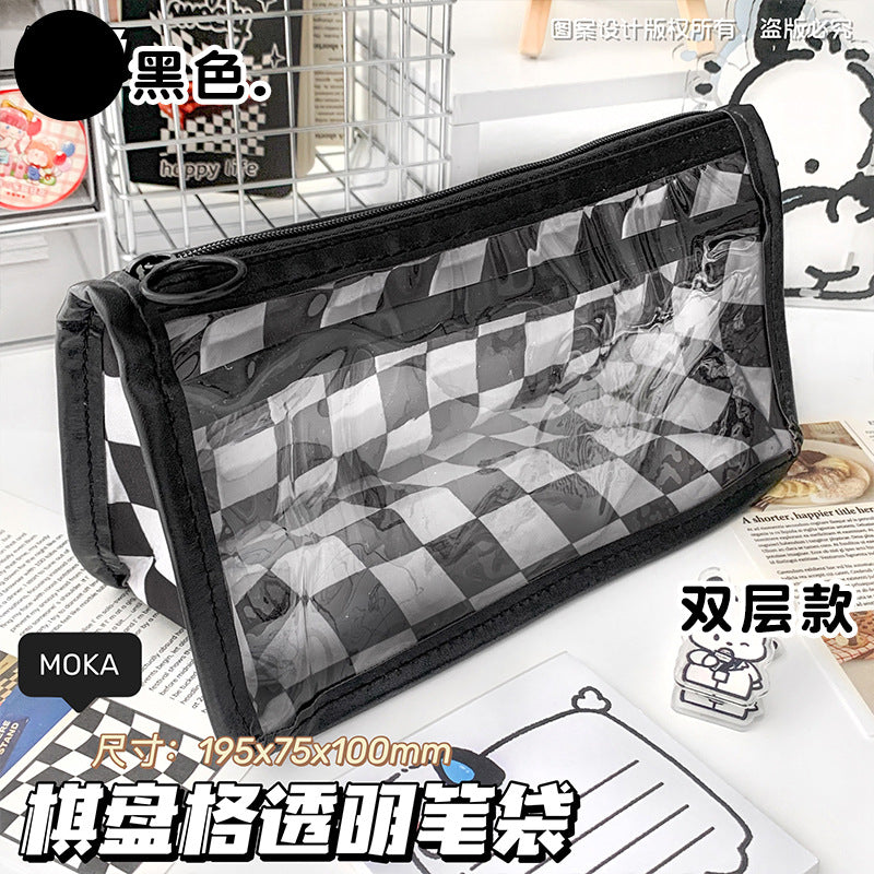 简约三层大容量笔袋ins风黑白棋盘格透明文具袋学生用考试铅笔袋Minimalist 3-Compartment Large-Capacity Pencil Case, Black-and-White Checkered Pattern, Transparent Stationery Pouch, Student Exam Pencil Case