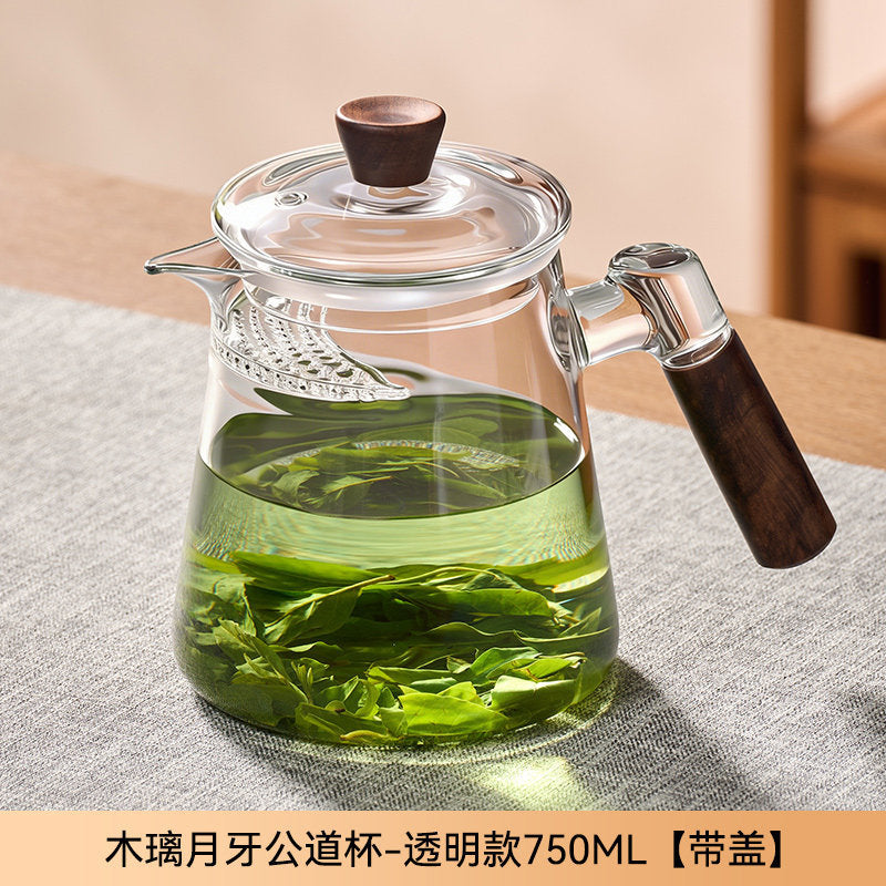 捷安玺月牙公道杯加厚玻璃泡茶壶一体式滤网家用高档茶水分茶器Crescent-Shaped Fair-Share Cup with Thickened Glass Teapot and Integrated Strainer—High-End Household Tea Set