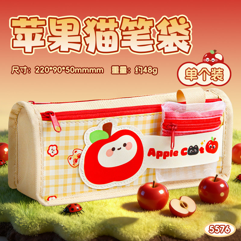 苹果猫卡通分层多层笔袋文具袋高颜值大容量小学生儿童 Apple Cat Cartoon Layered Pencil Case / Stationery Pouch