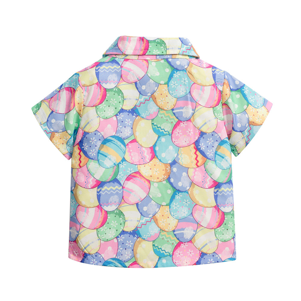男宝宝童装批发复活节彩蛋节日男童短袖短裤多件套Wholesale Boys' Clothing: Easter Egg-Themed Festive Short-Sleeve Shirts and Shorts Sets