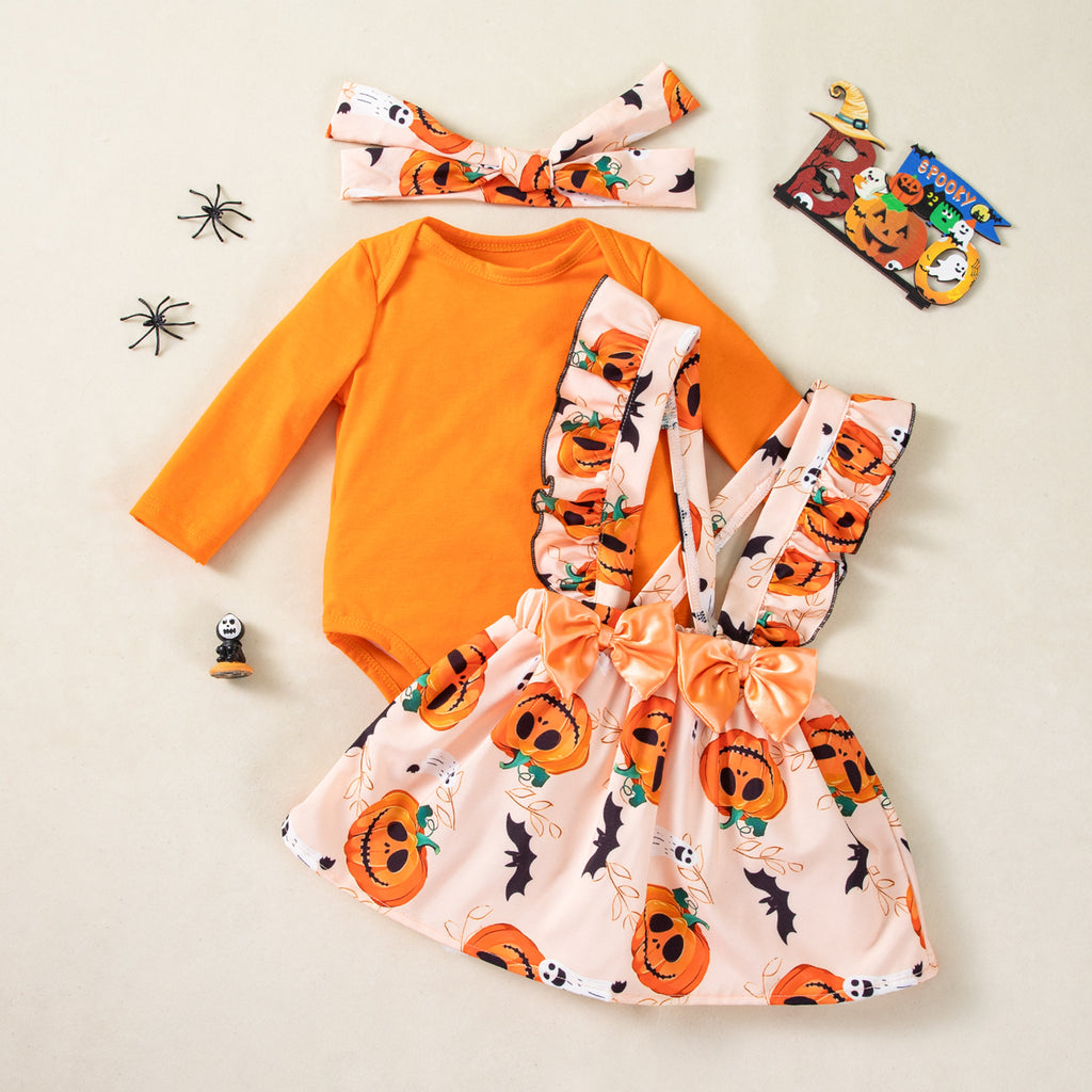 万圣节裙套装宝宝长袖三角哈衣荷叶边南瓜印花背带裙派对服 Halloween Dress Set for Babies: Long-Sleeve Triangle Rompers with Ruffles and Pumpkin Print Overalls—Party Outfit