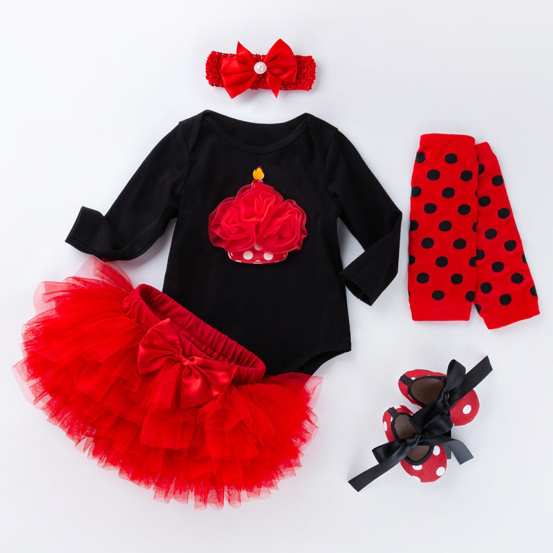 母亲节女宝宝童套装爱心长袖哈衣节日款公主裙5件套Mother's Day 5-Piece Outfit Set for Baby Girls: Heart-Print Long-Sleeve Onesie and Holiday-Themed Princess Dress