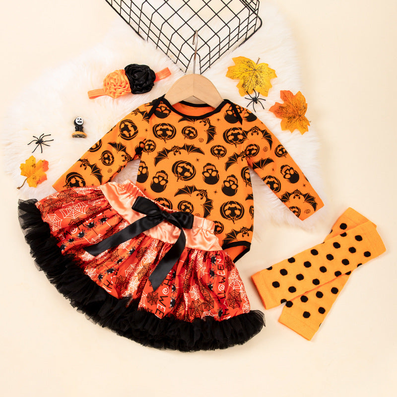 万圣节婴儿服饰女宝宝卡通南瓜长袖哈衣公主裙套装Halloween Baby Outfit for Girls: Cartoon Pumpkin Long-Sleeve Onesie and Princess Dress Set