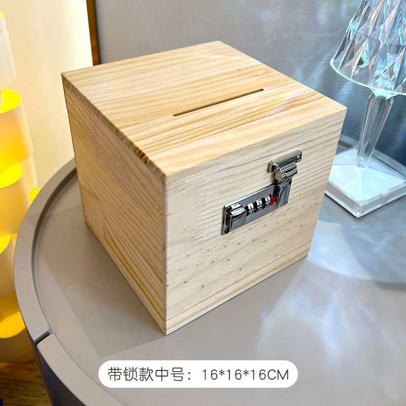 存钱罐储蓄罐密码锁箱木质加厚家用可存可取或存不取儿童跨境松木Piggy bank, savings box, combination lock, wooden, reinforced, for home use, with options to deposit and withdraw or deposit only, for children, cross-border, pine wood