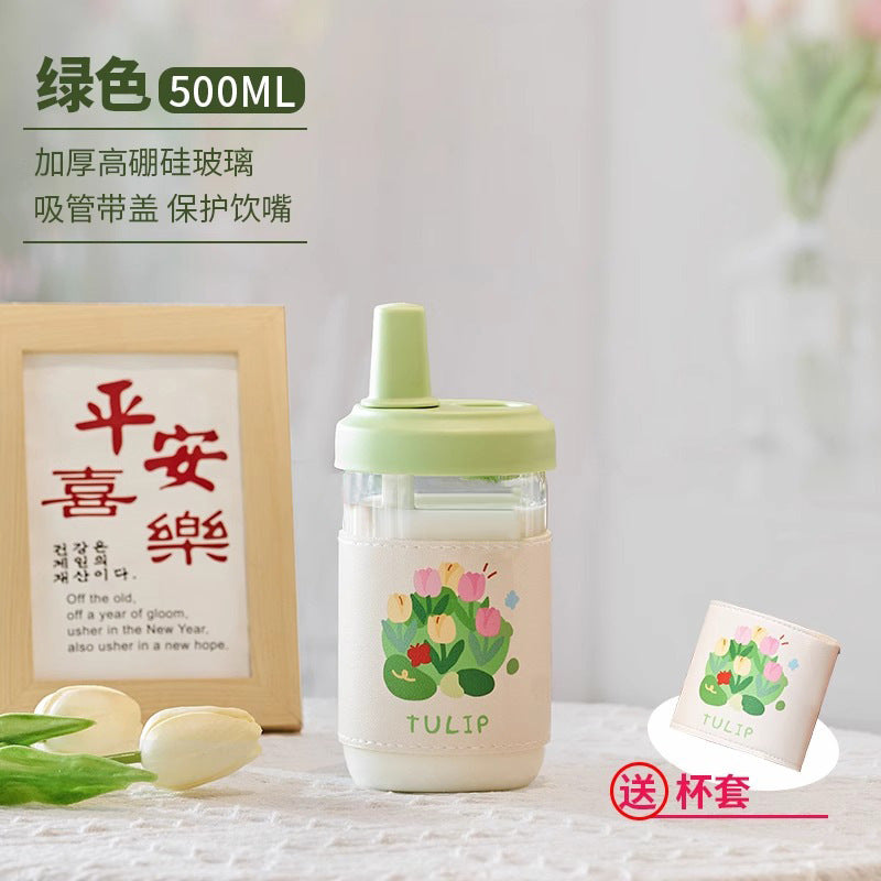 女高颜值杯子家用仙女杯便携牛奶果汁吸管杯大容量网红水杯玻璃杯Women's Mugs, Household Mugs, Portable Milk and Juice Straws Mugs, Large-Capacity Trending Water Mugs, Glass Mugs