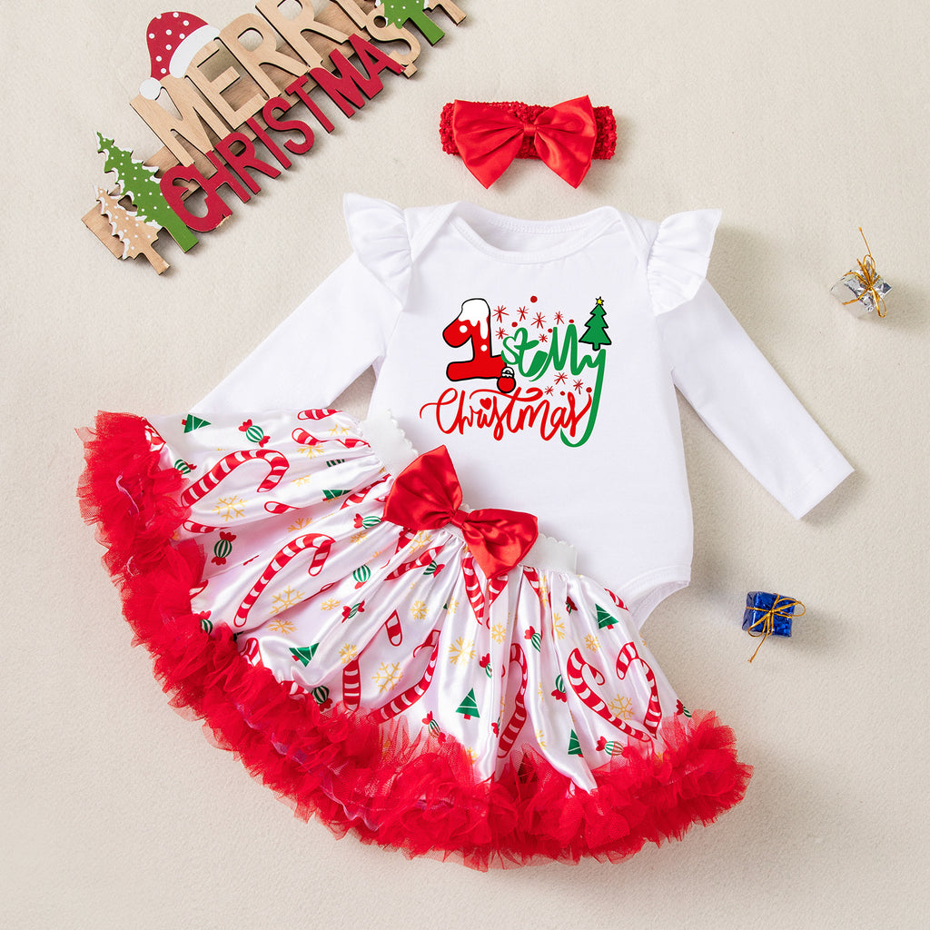 圣诞节婴童服饰洋气可爱长袖哈衣半身裙发饰3件套宝宝派对服Christmas Baby and Toddler Clothing: Stylish and Cute 3-Piece Set with Long-Sleeve Onesie, Skirt, and Hair Accessories—Perfect for Baby Parties