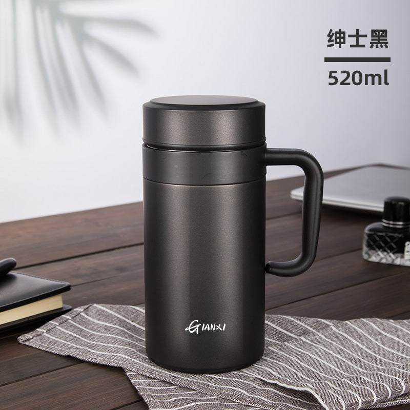 商务男办公大容量显温智能保温杯 一件代发茶水分离带把保温水杯Men's Business-Style Office Large-Capacity Smart Insulated Cup with Temperature Display—Drop Shipping Available; Tea/Water Separation Design with Handle