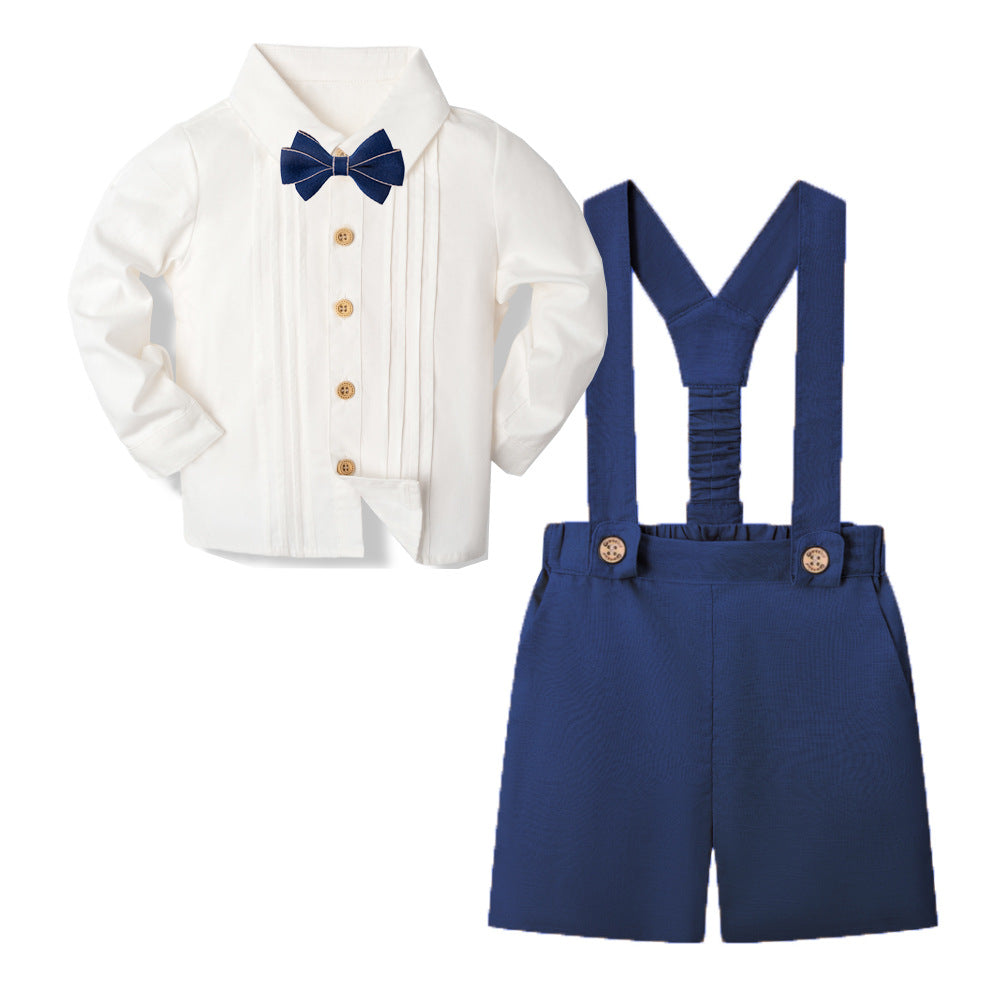 周岁男宝宝绅士礼服套装男童长袖短裤英伦生日背带裤1-Year-Old Boy's Formal Suit Set: Long-Sleeve Shirt and Shorts, British-Style Birthday Overalls